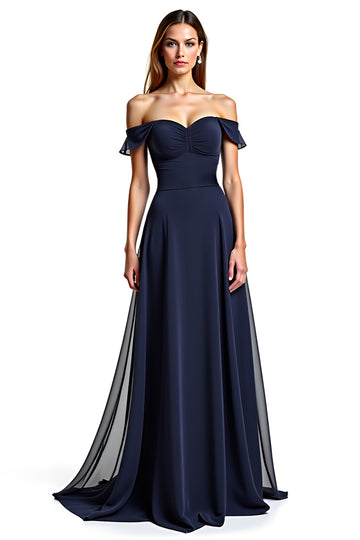 Off The Shoulder Navy A Line Long Formal Dress